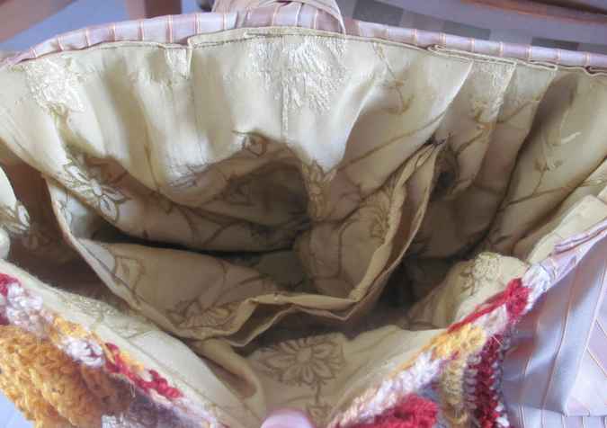 large image of art item: bag – brown crochet flower yellow crimson pink