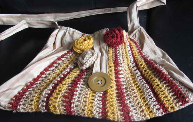 large image of art item: bag – brown crochet flower yellow crimson pink