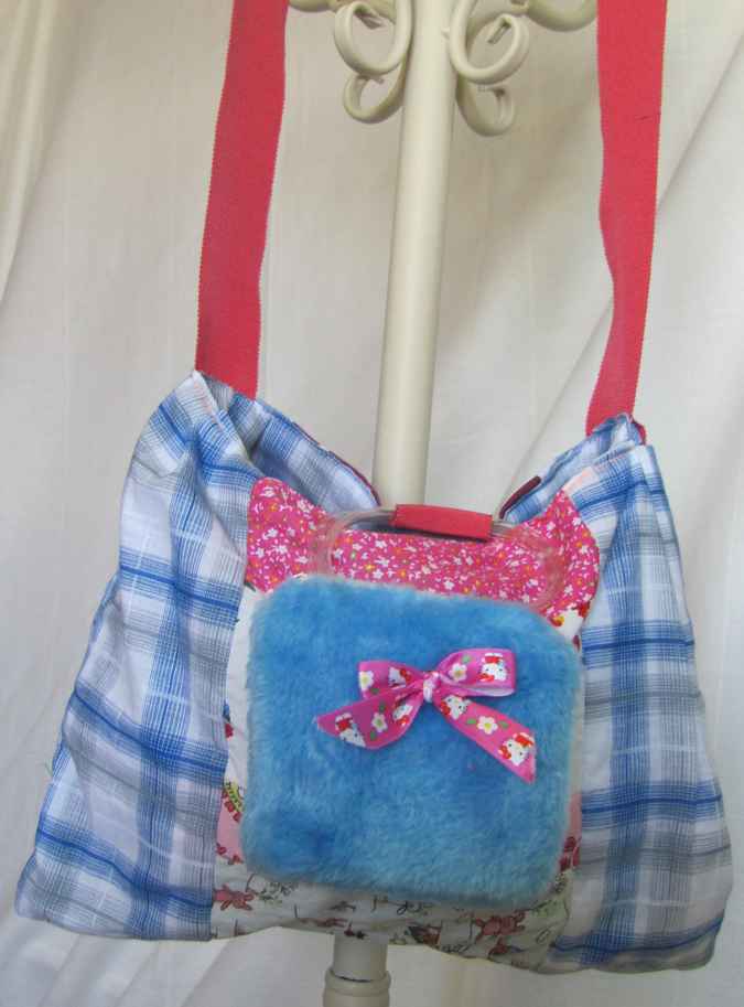 large image of art item: bag – checkered blue white with pink white quiltwork