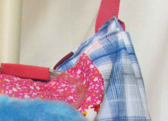 large image of art item: bag – checkered blue white with pink white quiltwork