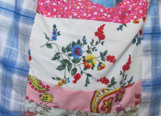 large image of art item: bag – checkered blue white with pink white quiltwork