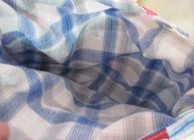 large image of art item: bag – checkered blue white with pink white quiltwork