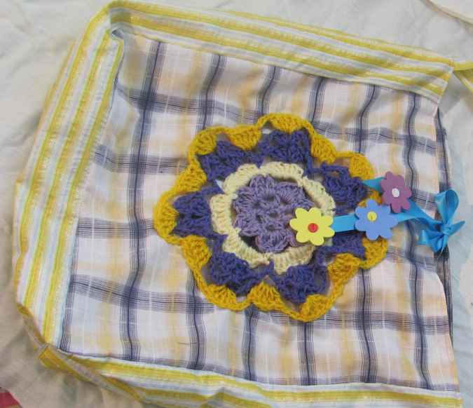large image of art item: bag – checkered crochet flower yellow purple
