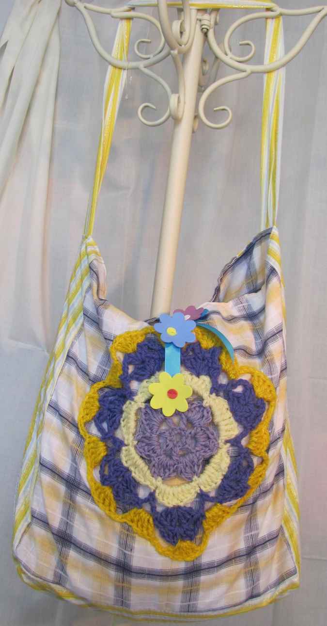 large image of art item: bag – checkered crochet flower yellow purple
