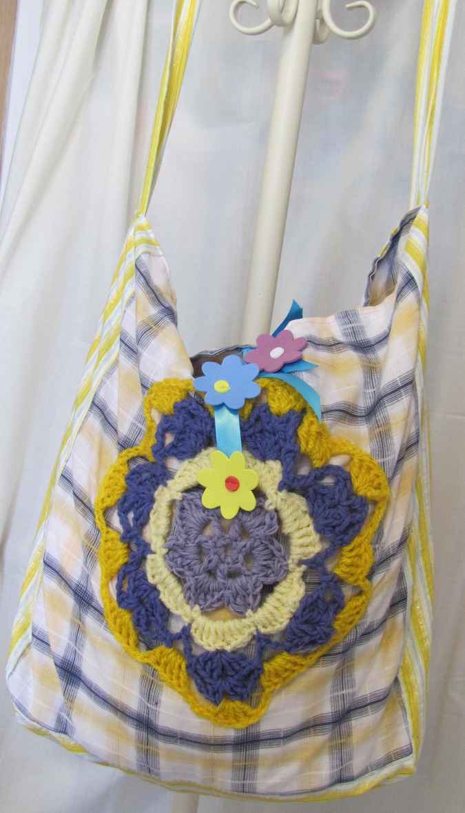 large image of art item: bag – checkered crochet flower yellow purple