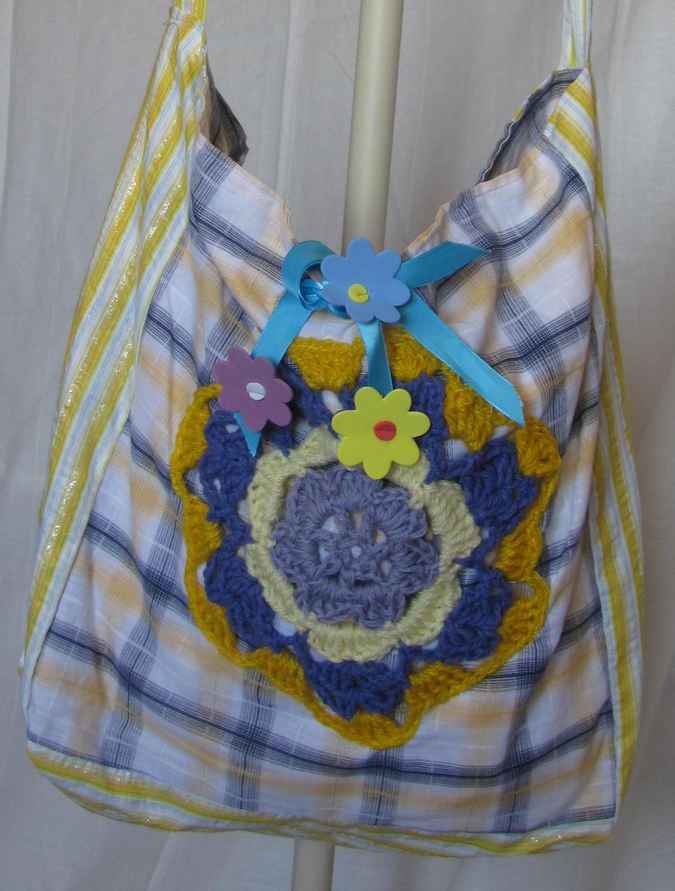 large image of art item: bag – checkered crochet flower yellow purple