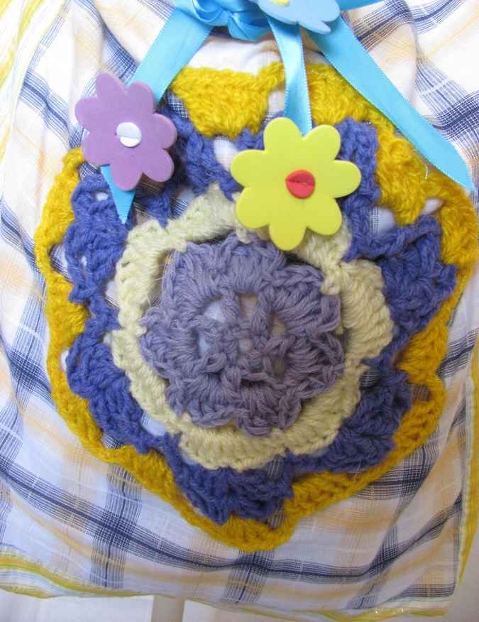 large image of art item: bag – checkered crochet flower yellow purple