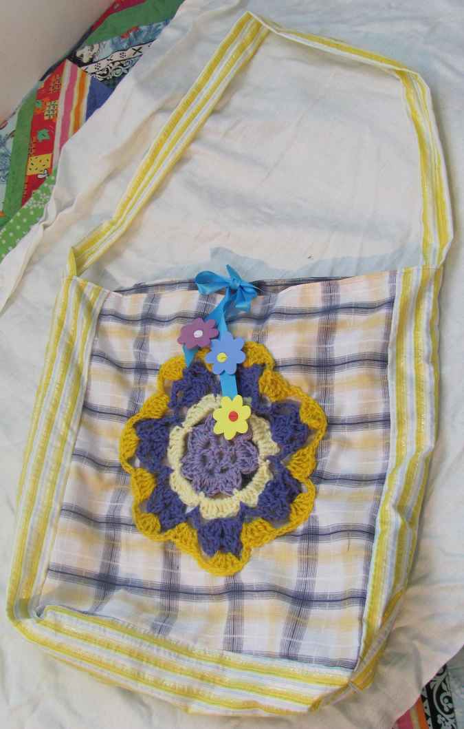 large image of art item: bag – checkered crochet flower yellow purple