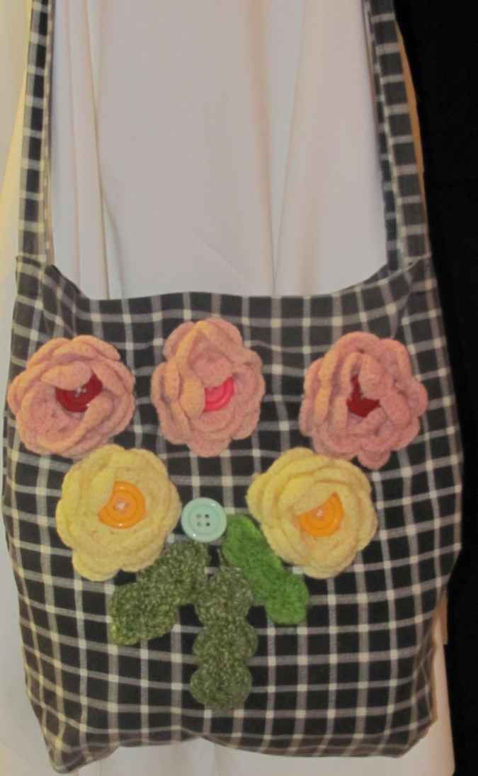 large image of art item: bag – checkered flowers crochet yellow peach