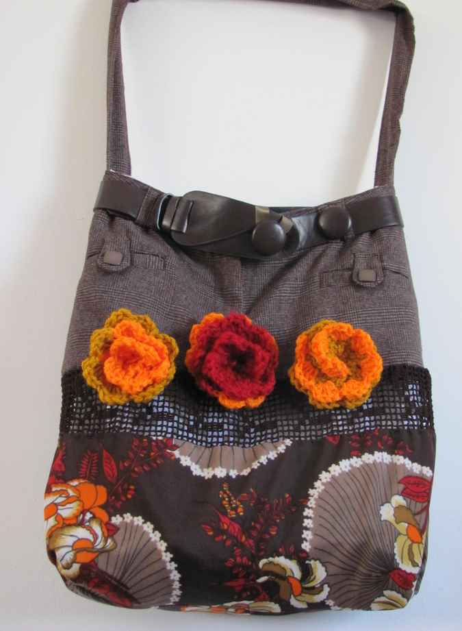 large image of art item: bag – checkered motif plant crochet orange roses with leathery belt