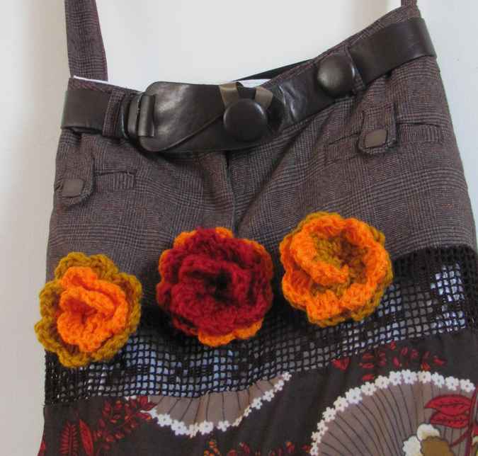large image of art item: bag – checkered motif plant crochet orange roses with leathery belt