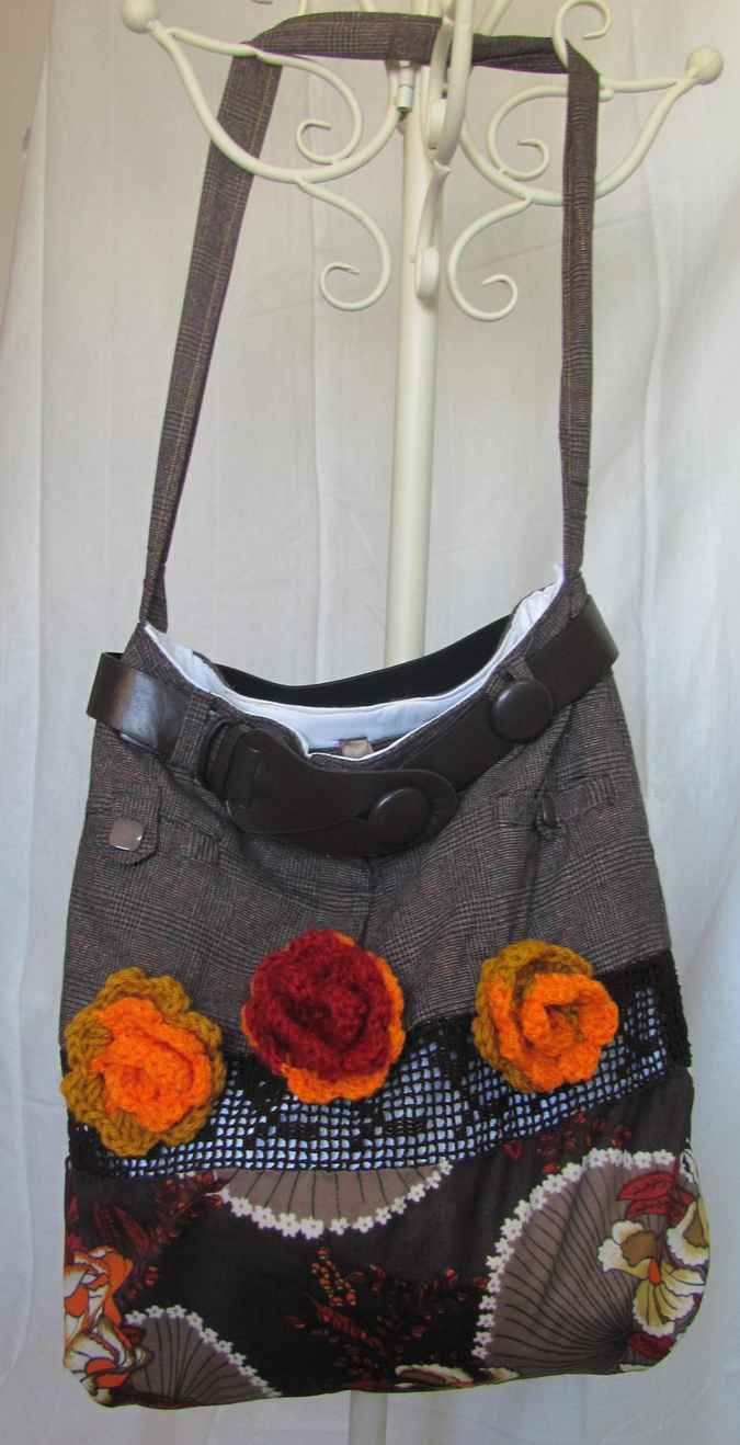 large image of art item: bag – checkered motif plant crochet orange roses with leathery belt
