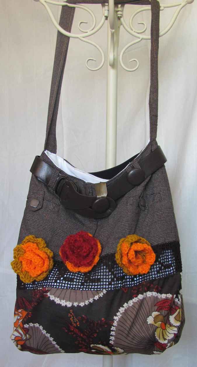large image of art item: bag – checkered motif plant crochet orange roses with leathery belt