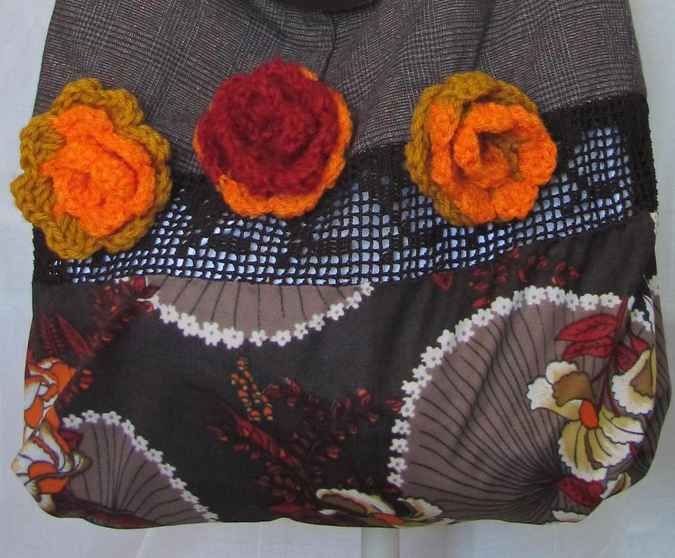 large image of art item: bag – checkered motif plant crochet orange roses with leathery belt