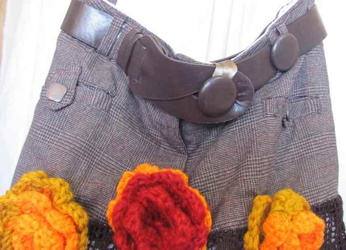 large image of art item: bag – checkered motif plant crochet orange roses with leathery belt