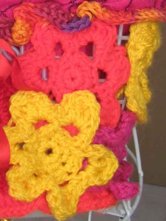 large image of art item: bag – checkered pink crochet flowers red yellow