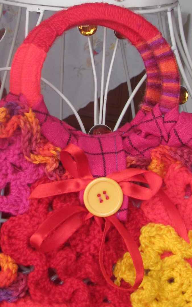 large image of art item: bag – checkered pink crochet flowers red yellow