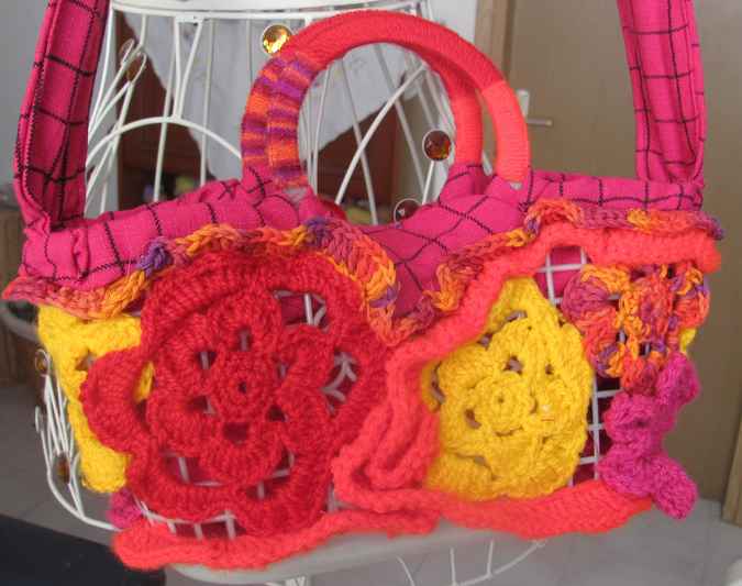 large image of art item: bag – checkered pink crochet flowers red yellow