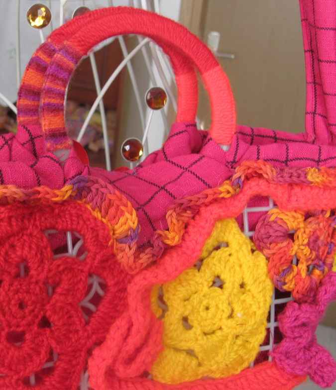 large image of art item: bag – checkered pink crochet flowers red yellow