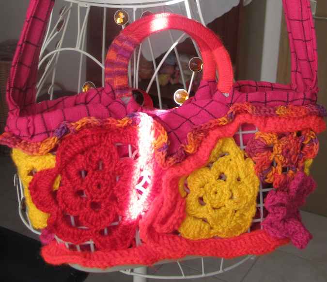 large image of art item: bag – checkered pink crochet flowers red yellow