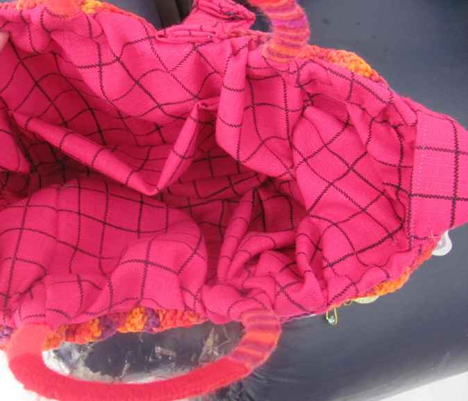 large image of art item: bag – checkered pink crochet flowers red yellow