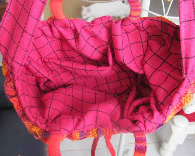 large image of art item: bag – checkered pink crochet flowers red yellow