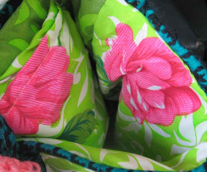 large image of art item: bag – checkred blue black motif leaves green white crochet flowers red pink