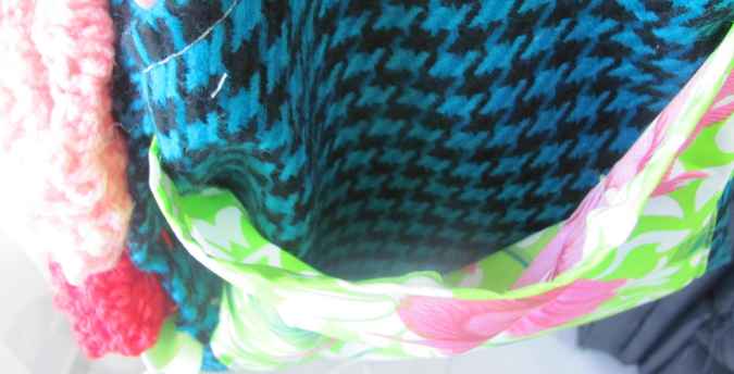 large image of art item: bag – checkred blue black motif leaves green white crochet flowers red pink