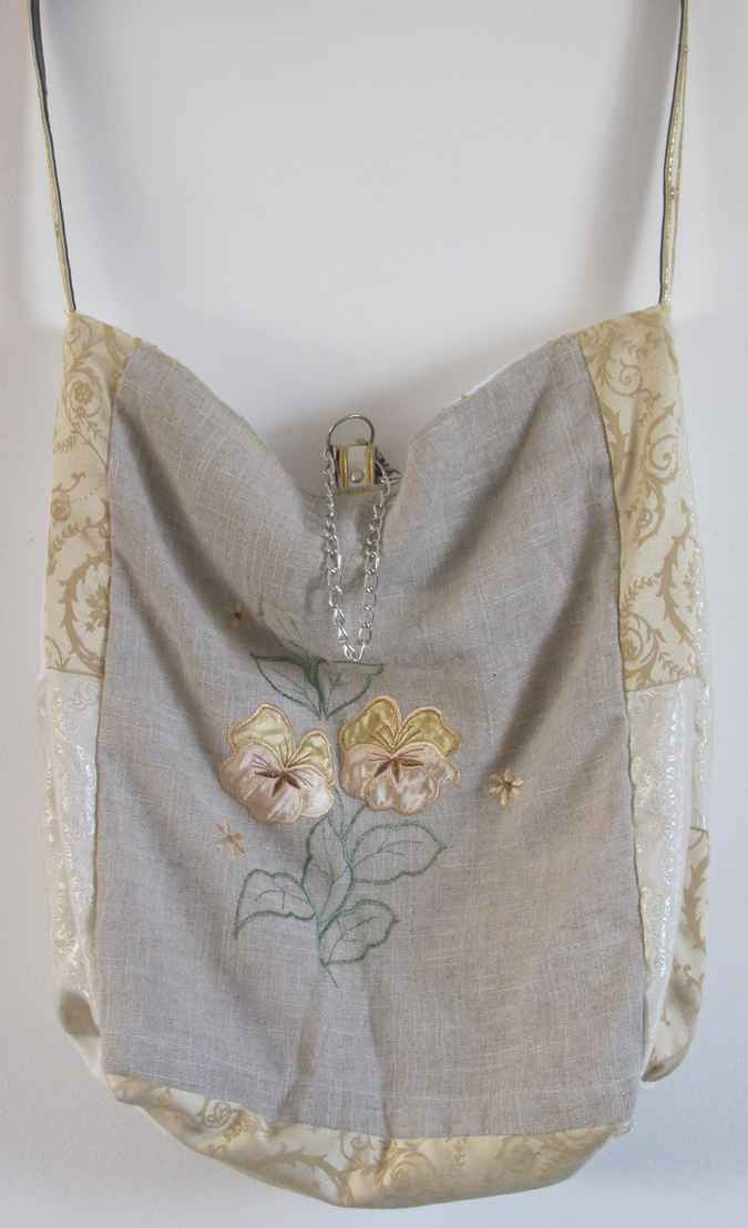 large image of art item: bag – cream gray gold with flowers needlework