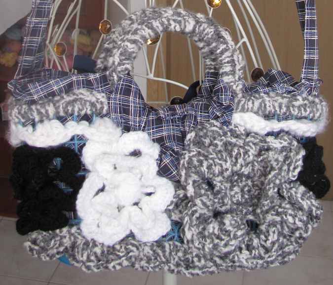 large image of art item: bag – crochet black white button red ribbon