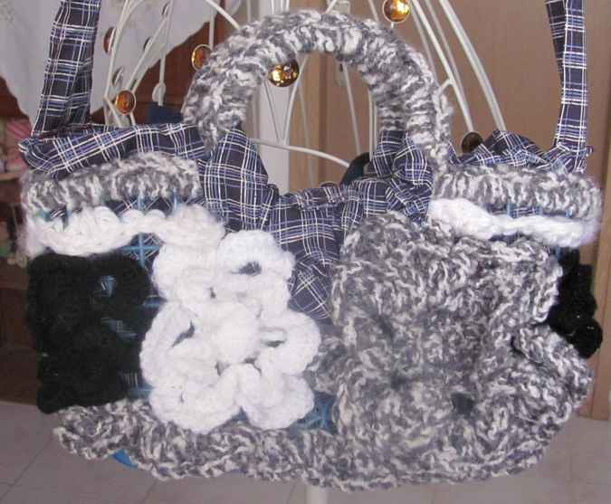 large image of art item: bag – crochet black white button red ribbon