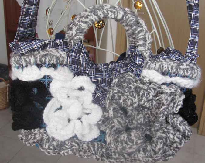 large image of art item: bag – crochet black white button red ribbon