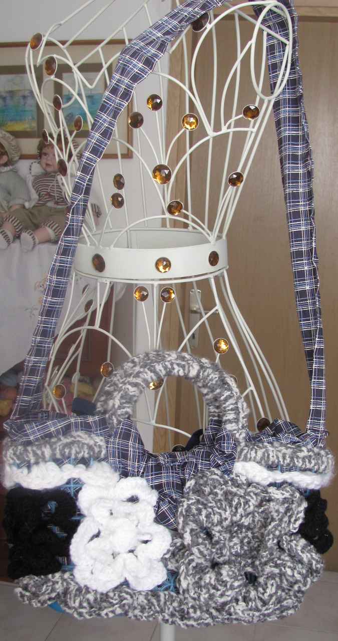 large image of art item: bag – crochet black white button red ribbon