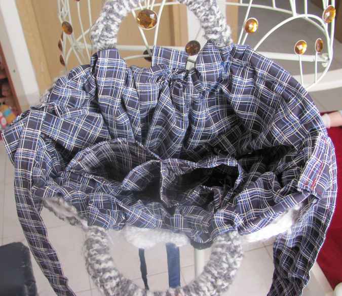 large image of art item: bag – crochet black white button red ribbon