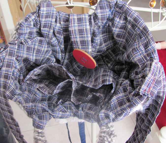 large image of art item: bag – crochet black white button red ribbon