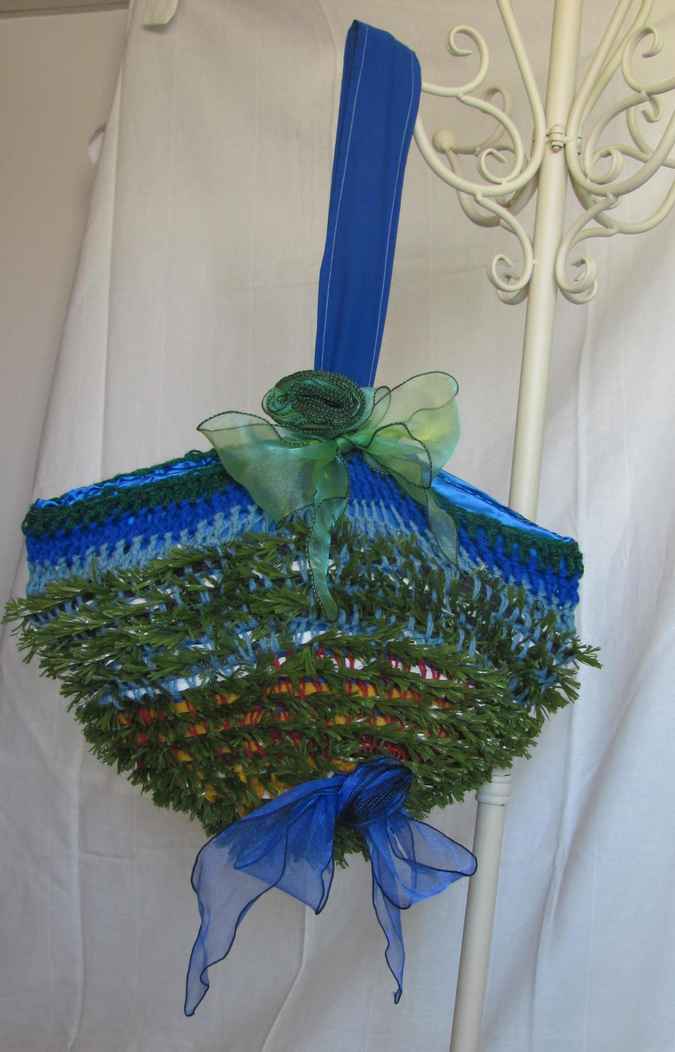 large image of art item: bag – crochet blue green cyan with ribbon roses