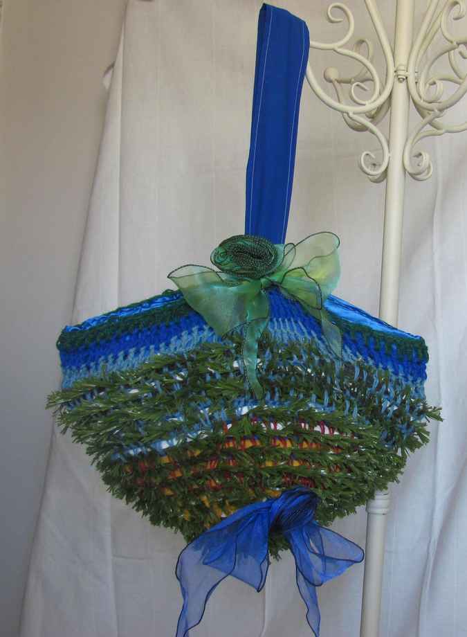 large image of art item: bag – crochet blue green cyan with ribbon roses