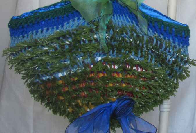 large image of art item: bag – crochet blue green cyan with ribbon roses