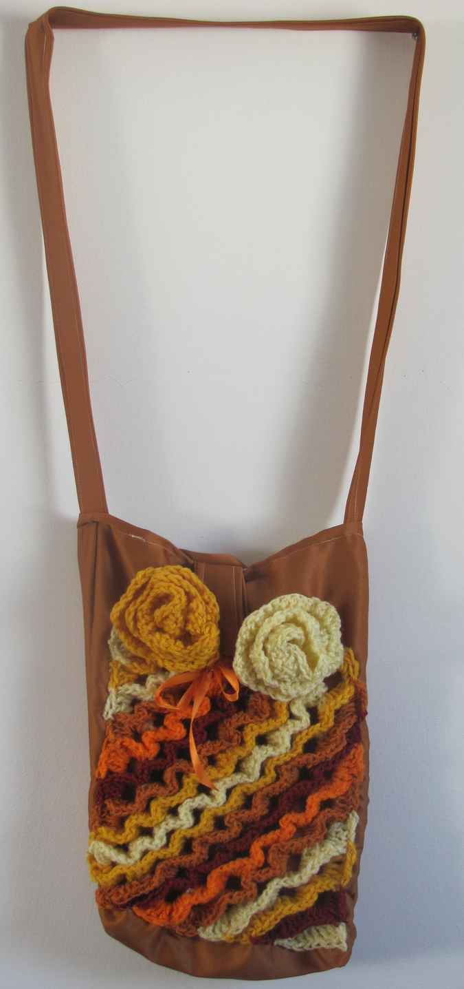 large image of art item: bag – crochet brown yellow orange white flowers and diagonals