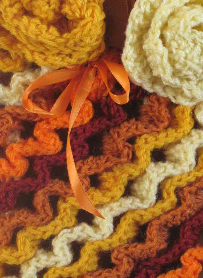 large image of art item: bag – crochet brown yellow orange white flowers and diagonals