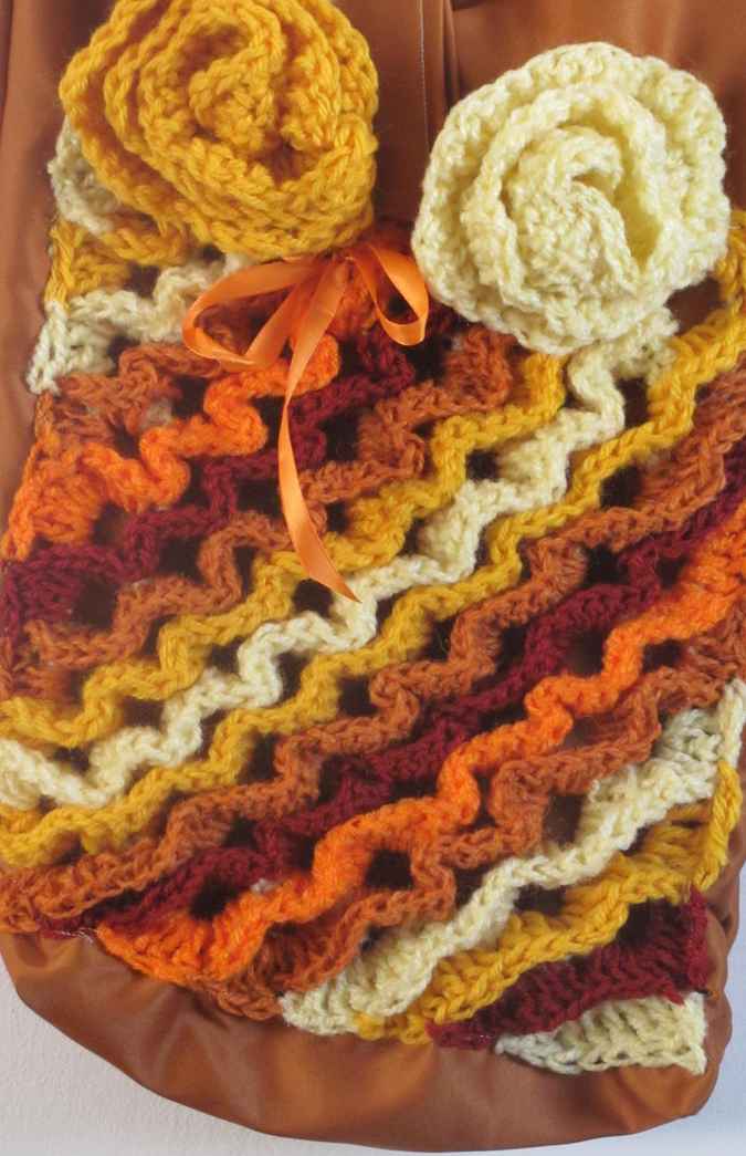 large image of art item: bag – crochet brown yellow orange white flowers and diagonals