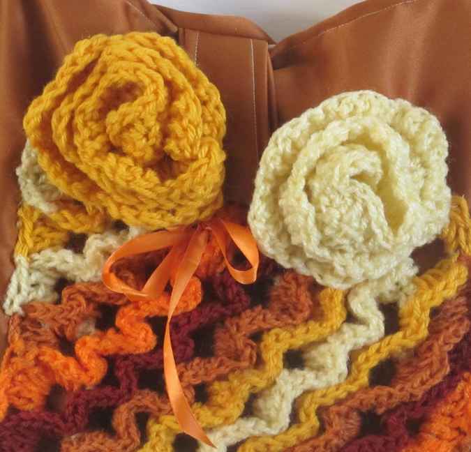 large image of art item: bag – crochet brown yellow orange white flowers and diagonals