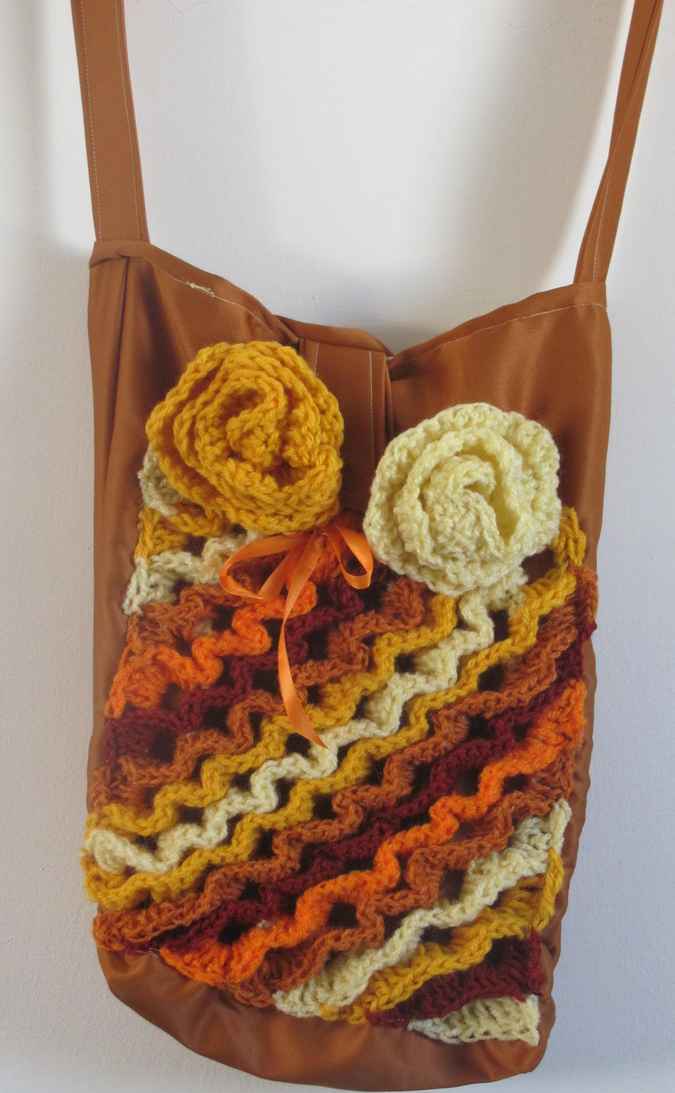 large image of art item: bag – crochet brown yellow orange white flowers and diagonals