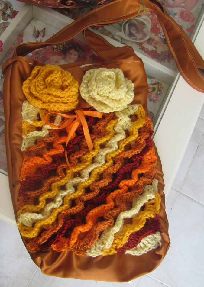 large image of art item: bag – crochet brown yellow orange white flowers and diagonals