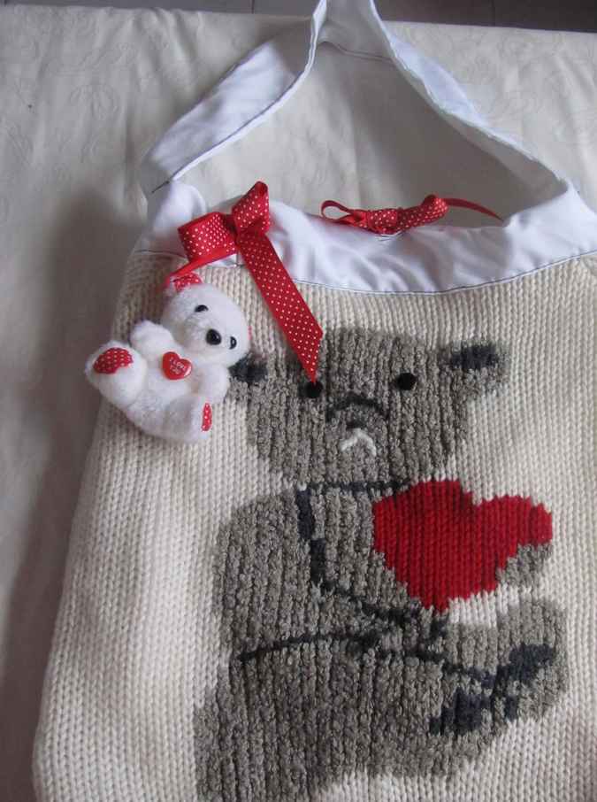 large image of art item: bag – white knitted teddy bear