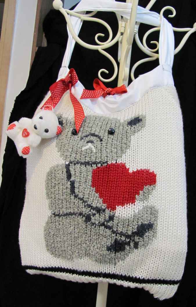 large image of art item: bag – white knitted teddy bear