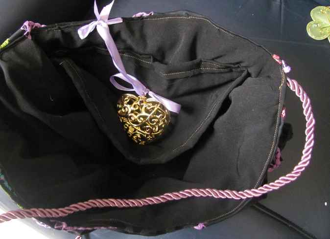 large image of art item: bag – embroidery black motif pixelated flowers gold heart