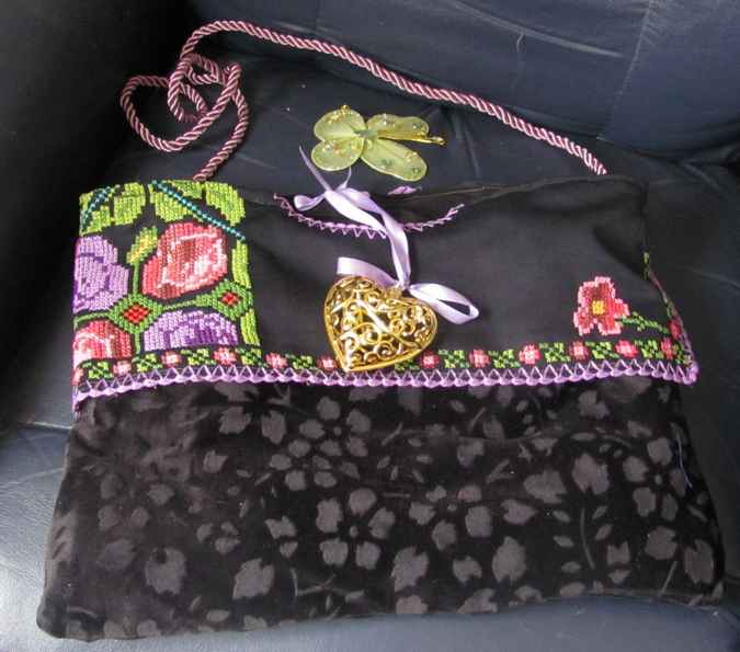 large image of art item: bag – embroidery black motif pixelated flowers gold heart
