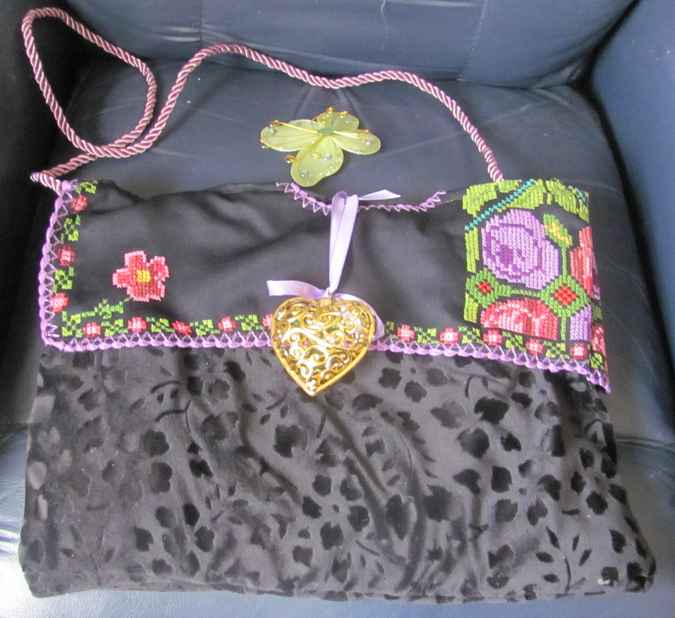 large image of art item: bag – embroidery black motif pixelated flowers gold heart