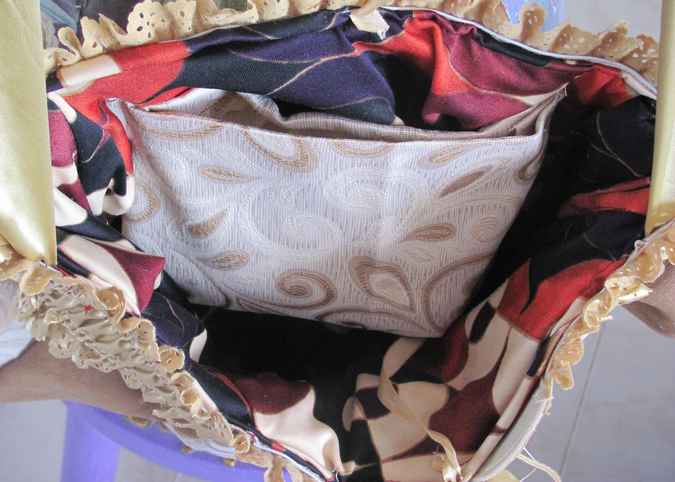 large image of art item: bag – gold white brown motif plants
